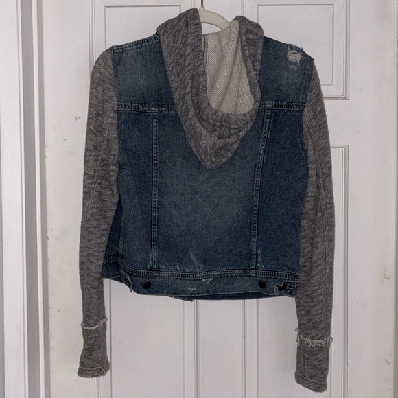 Free People Blue Denim Distressed Jacket with Gray Sleeves and hood - Picture 4 of 7